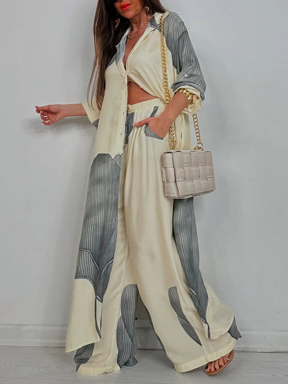 Long Sleeves Loose Floral Printed Split-Joint Split-Side Lapel Blouses&Shirts Tops