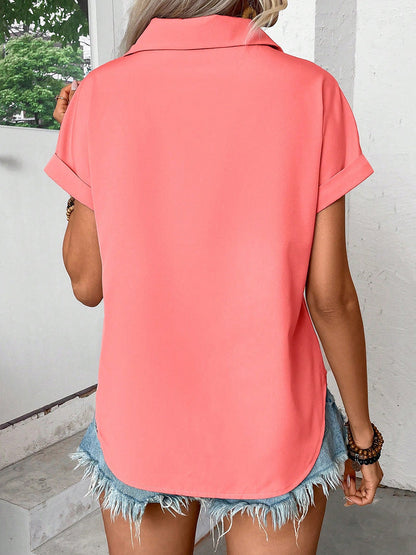 Loose Short Sleeves Buttoned Pleated Solid Color Lapel Blouses&Shirts Tops