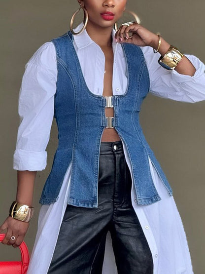 Loose Sleeveless Buckle Solid Color Split-Front U-Neck Vest Outerwear Vest Top