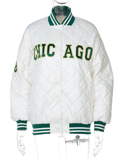 Long Sleeves Loose Contrast Color Embroidered Split-Joint Stand Collar Padded Coat