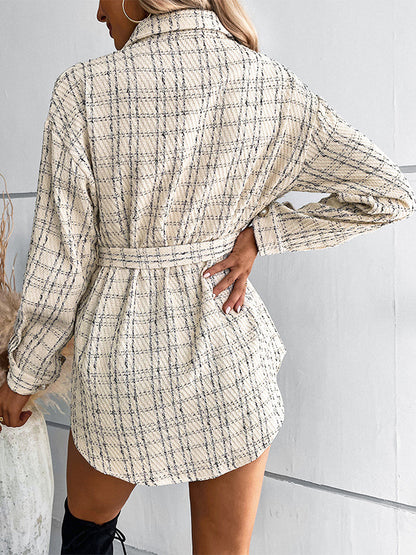 Long Sleeves Loose Buttoned Plaid Pockets Tied Waist Lapel Outerwear