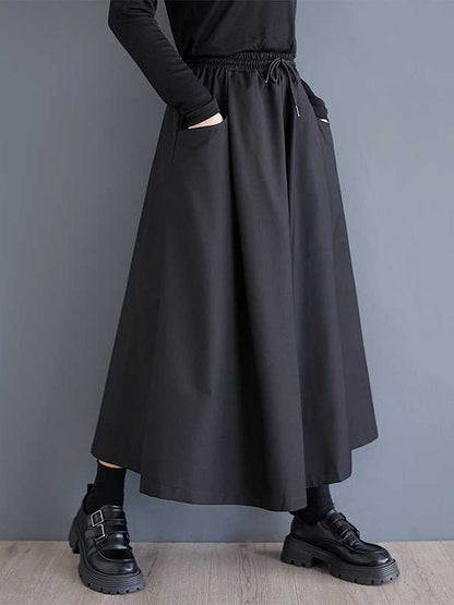 A-Line High Waisted Drawstring Elasticity Pockets Solid Color Culotte Pants