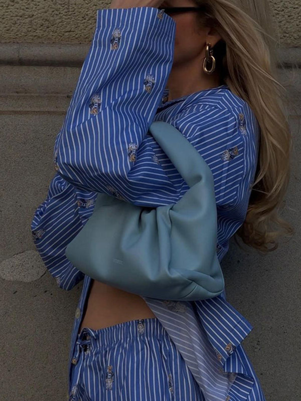 Long Sleeves Buttoned Cartoon Printed Contrast Color Striped Lapel Blouses Tops + Tied Waist High Waisted Pants Bottom Two Pieces Set