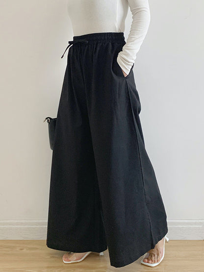 High Waisted Loose Drawstring Elasticity Pockets Solid Color Pants Trousers
