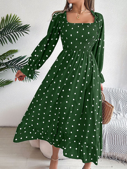 High Waisted Long Sleeves Pleated Polka Dot Ruffled Square-Neck Maxi Dresses Shirt Dress