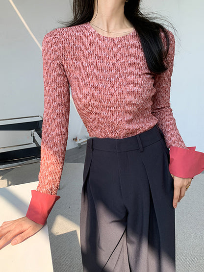 Long Sleeves Skinny Buttoned Round-Neck T-Shirts Tops