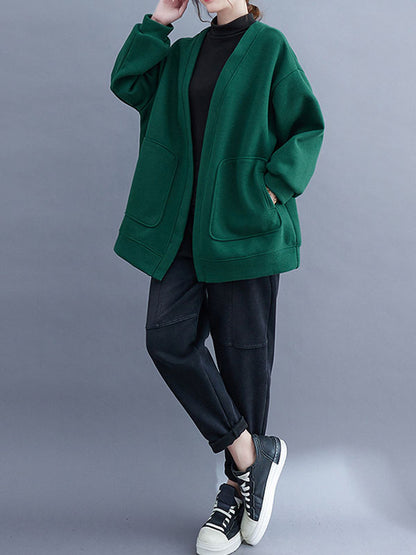 Long Sleeves Loose Pockets Solid Color Collarless Outerwear