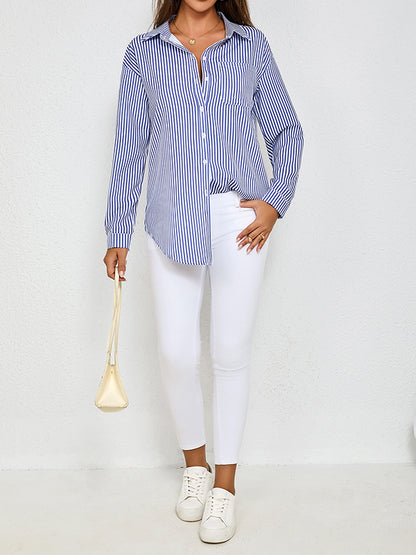 Long Sleeves Loose Split-Joint Striped Lapel Blouses