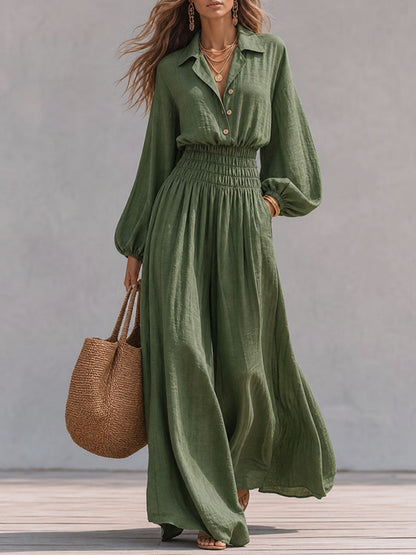 Solid Color Ruched Pockets Elasticity Buttoned Wide Leg Loose Lapel Jumpsuits