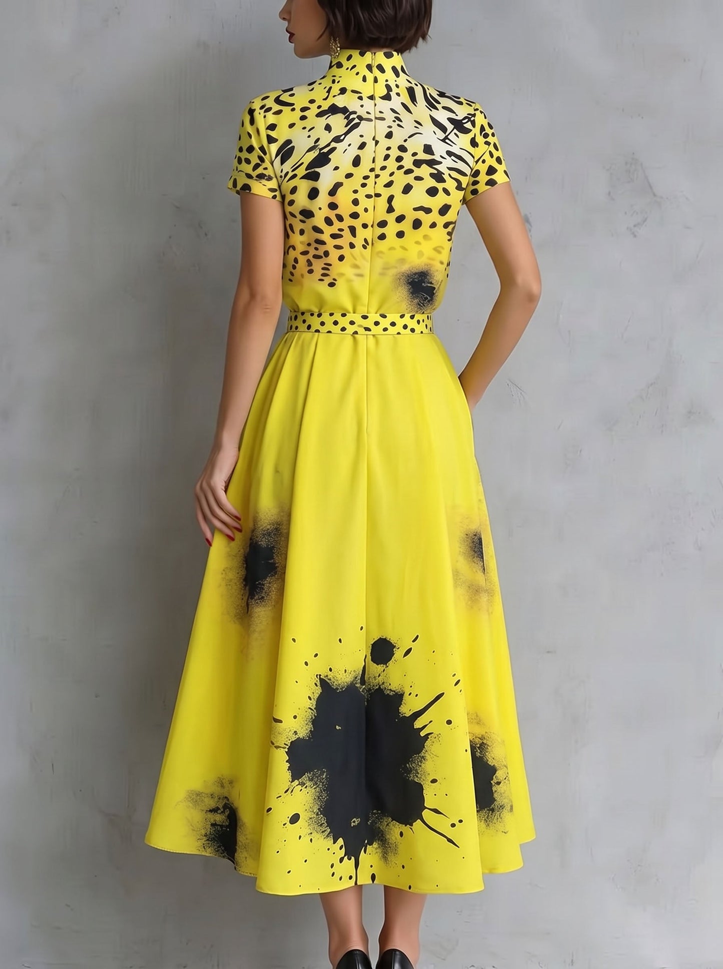 Zipper Tie Dye Pockets Leopard Ink-Printing Contrast Color Belted Short Sleeves High Waisted Mock Neck Midi Dresses