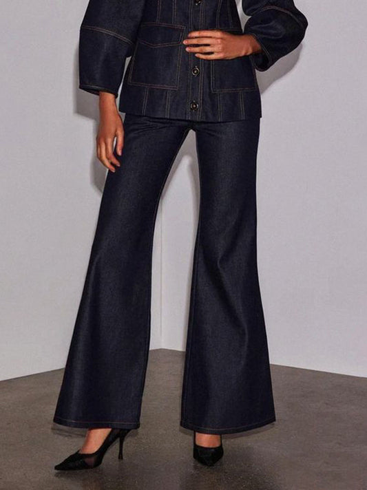High Waisted Wide Leg Pockets Solid Color Jean Pants Bottoms