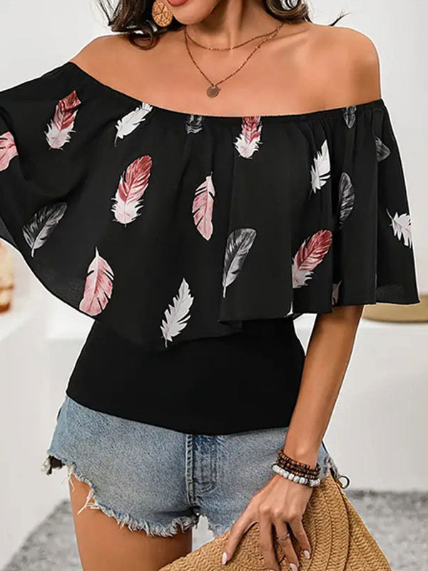 Half Sleeves Loose Leaves Print Pleated Split-Joint Off-the-shoulder Blouses&shirts Tops