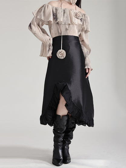High Waisted Asymmetric Ruffled Solid Color Split-Joint Skirts Bottoms