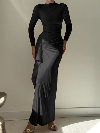Bodycon High Waisted Asymmetric Pleated Ruffled Solid Color Split-Joint Round-Neck Maxi Dresses