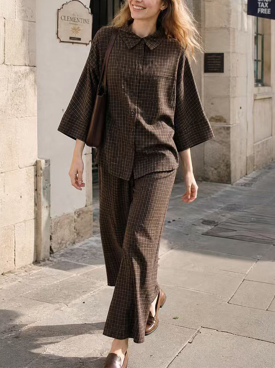 Solid Color Plain Flared Sleeves Buttoned Lapel Pleated Blouses&Shirts Tops + High Waisted Pockets Pants Trousers Two Pieces Set