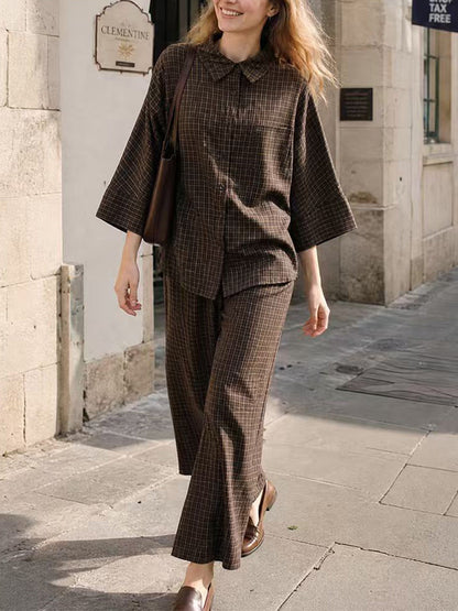 Solid Color Plain Flared Sleeves Buttoned Lapel Pleated Blouses&Shirts Tops + High Waisted Pockets Pants Trousers Two Pieces Set