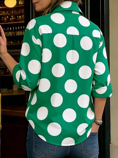 Long Sleeves Loose Buttoned Contrast Color Polka-Dot Lapel Blouses&Shirts Tops