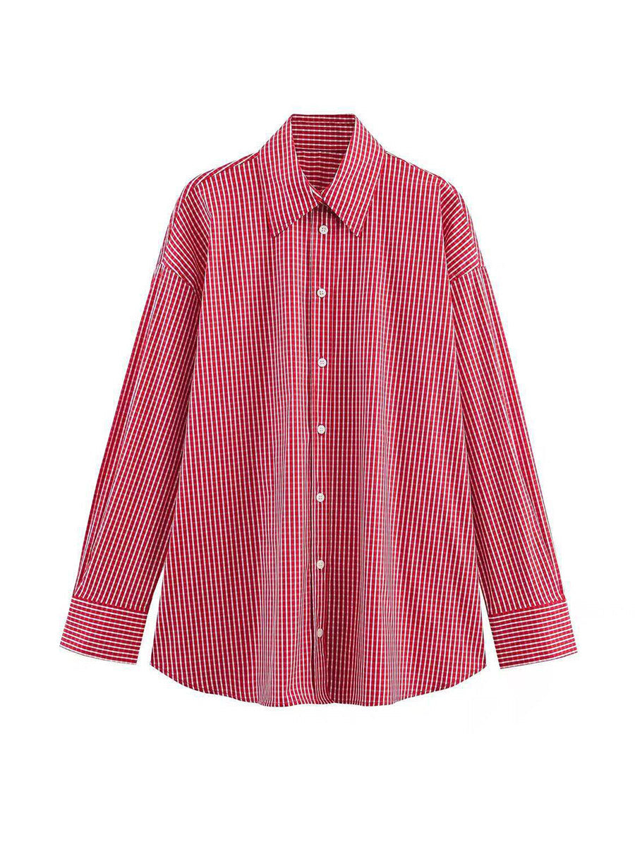 Contrast Color Buttoned Loose Long Sleeves Lapel Blouses&shirts Tops