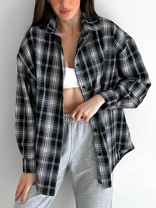 Long Sleeves Loose Plaid Split-Joint Lapel Blouses