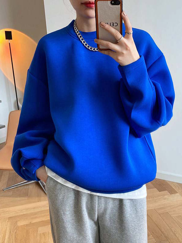 Long Sleeves Loose Solid Color Round-Neck Sweatshirt Tops