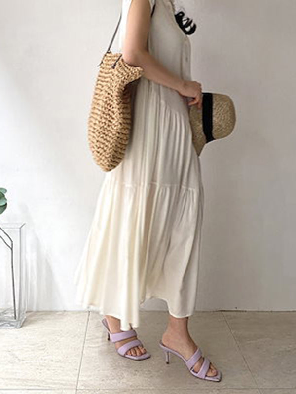 A-Line Loose Buttoned Pleated Ruffled Solid Color Split-Joint Tiered Stand Collar Midi Dresses