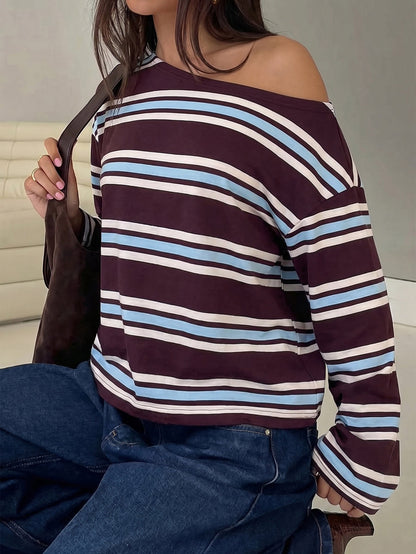 Striped Look-thin Long Sleeves One-shoulder T-Shirts Tops