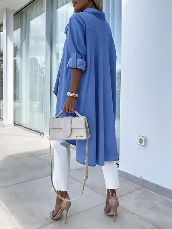 Half Sleeves High-Low Buttoned Pockets Solid Color Lapel Blouses&Shirts Tops