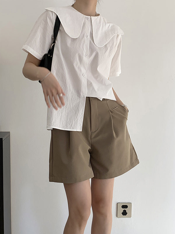 Loose Short Sleeves Solid Color Split-Joint Peter Pan Collar Blouses&Shirts Tops