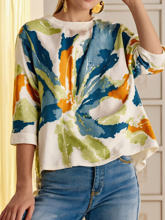 Half Sleeves Loose Contrast Color Flower Print Round-Neck T-Shirts Tops
