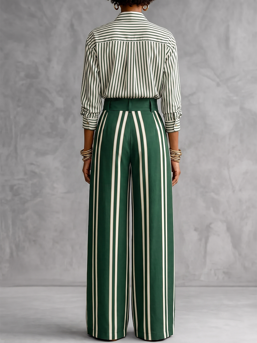 Striped Pockets Contrast Color Buttoned Wide Leg Loose Trousers Pants