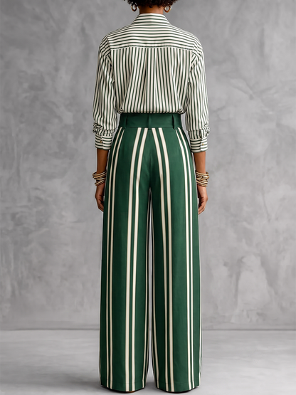 Striped Pockets Contrast Color Buttoned Wide Leg Loose Trousers Pants