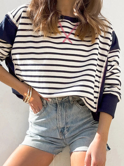 Long Sleeves Loose Split-Joint Striped Round-Neck T-Shirts