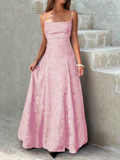 A-Line High Waisted Jacquard Pleated Solid Color Spaghetti-Neck Maxi Dresses