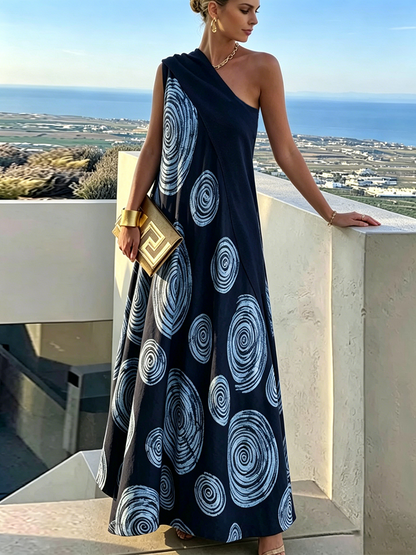 A-Line Loose Contrast Color Pleated Printed Split-Joint One-Shoulder Maxi Dresses