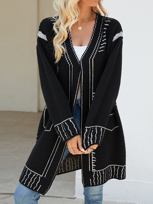 Long Sleeves Loose Jacquard Split-Joint V-Neck Cardigan Tops