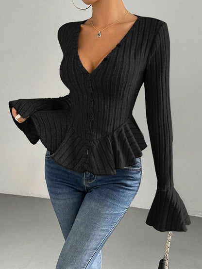 Flared Sleeves Long Sleeves Buttoned Ruffled Solid Color Split-Joint Deep V-Neck T-Shirts Tops