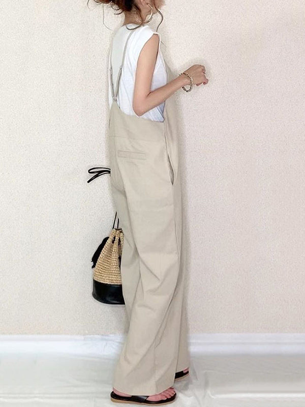 Loose Sleeveless Solid Color Split-Joint Spaghetti-Neck Overalls