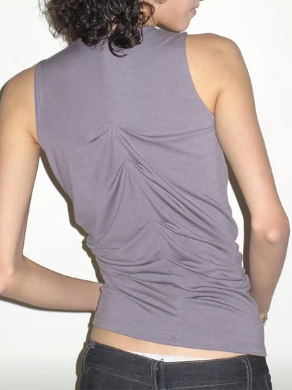 Loose Sleeveless Pleated Solid Color Heaps Collar Tank Top