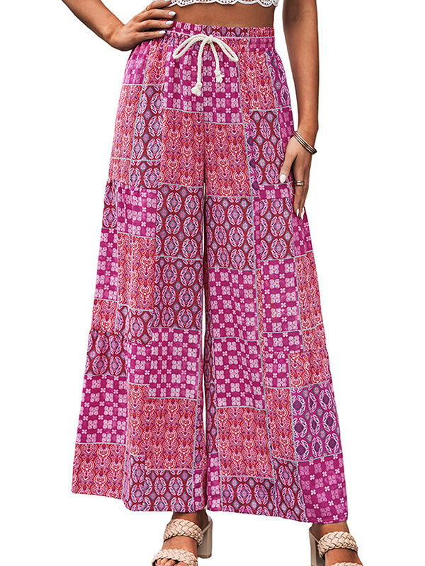 High Waisted Loose Drawstring Pleated Printed Pants Trousers