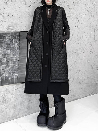 Loose Sleeveless Buttoned Plaid Pockets Solid Color Split-Joint Notched Collar Outerwear Padded Vest