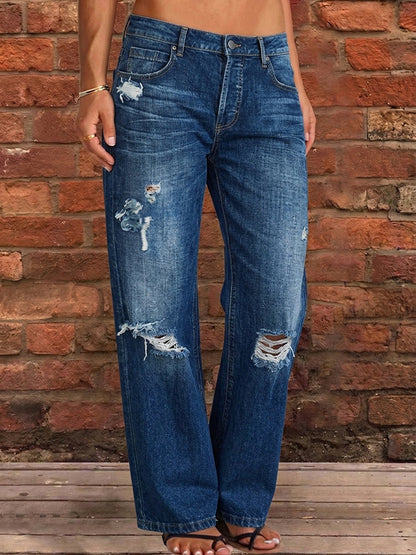 High Waisted Wide Leg Buttoned Hollow Pockets Split-Joint Jean Pants Bottoms