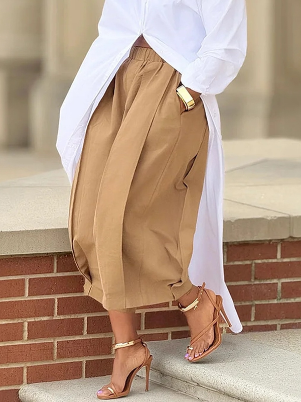 Loose Wide Leg Pleated Pockets Solid Color Pants