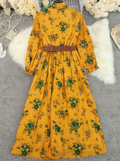 A-Line Elasticated Waist Belted Buttoned Contrast Color Flower Print Pleated Split-Joint Lapel Maxi Dresses Shirt Dress