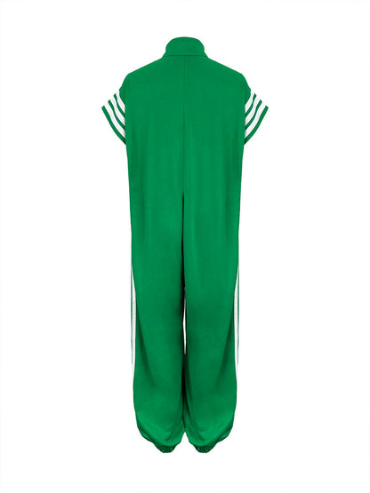 Loose Plus Size Contrast Color Pockets Split-Joint Striped Zipper Stand Collar Jumpsuits Ninth Pants