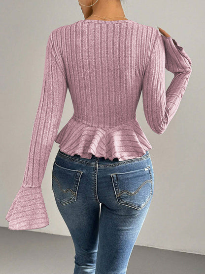 Flared Sleeves Long Sleeves Buttoned Ruffled Solid Color Split-Joint Deep V-Neck T-Shirts Tops