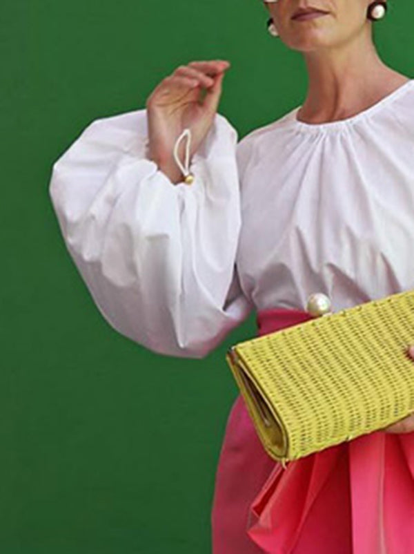 Loose Puff Sleeves Pleated Solid Color Split-Joint Round-Neck Blouses&Shirts Tops