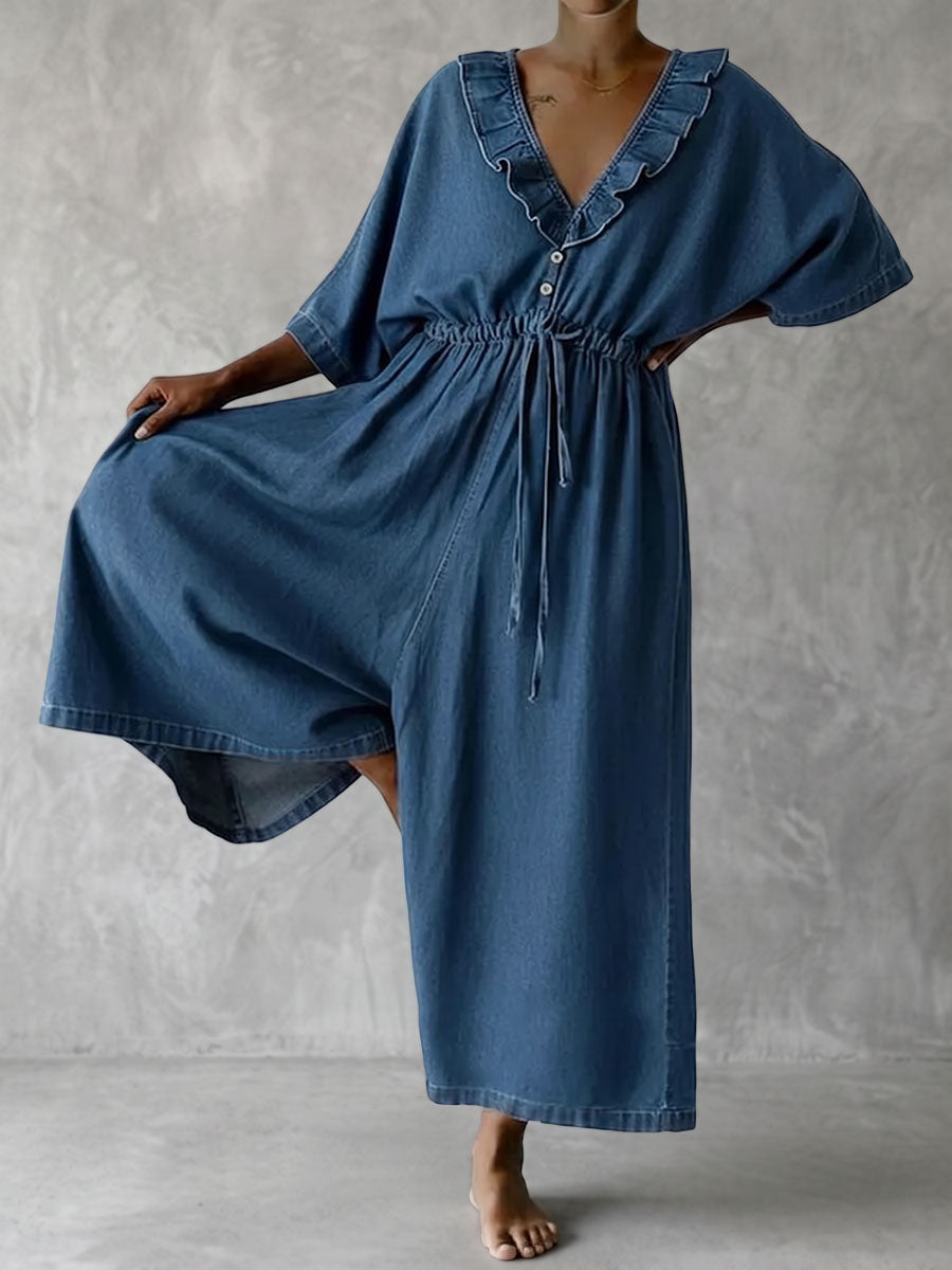 Solid Color Ruffle Trim Pockets Elasticity Drawstring Buttoned Wide Leg Loose V-neck Jumpsuits