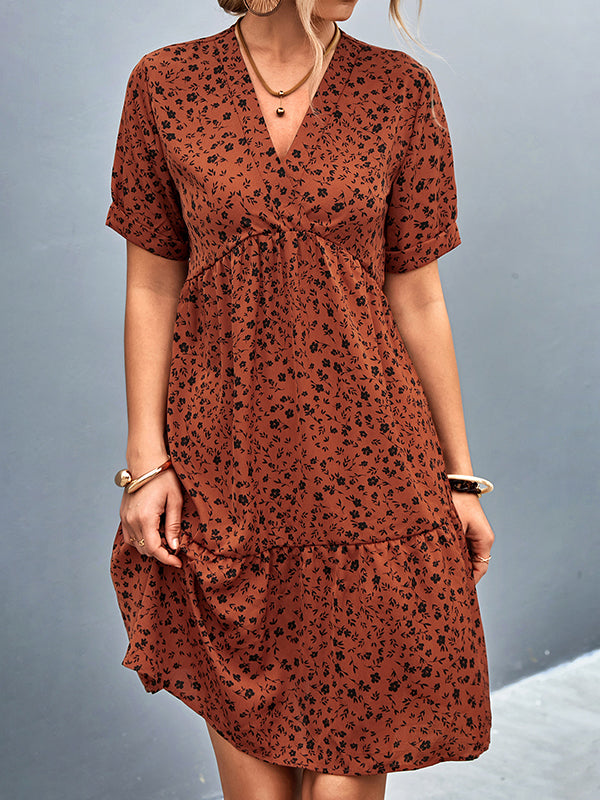Short Sleeves Flower Print Split-Joint V-Neck Mini Dresses