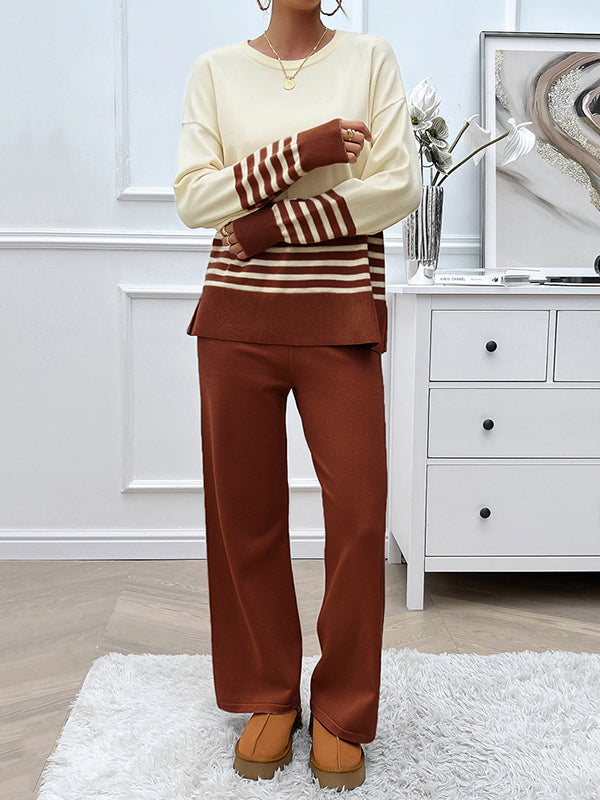 Long Sleeves Loose Contrast Color Split-Side Striped Round-Neck Sweater Top + Pants Bottom Two Pieces Set