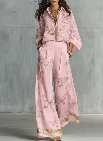 Long Sleeves Loose Butterfly Print Contrast Color Lapel Blouses&Shirts Tops